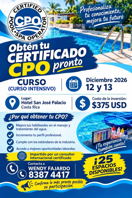 Flyer de certificación CPO del 12 y 13 de diciembre de 2026, Hotel San José Palacio, inversión 375 dólares, contacto Wendy Fajardo 8387 4417